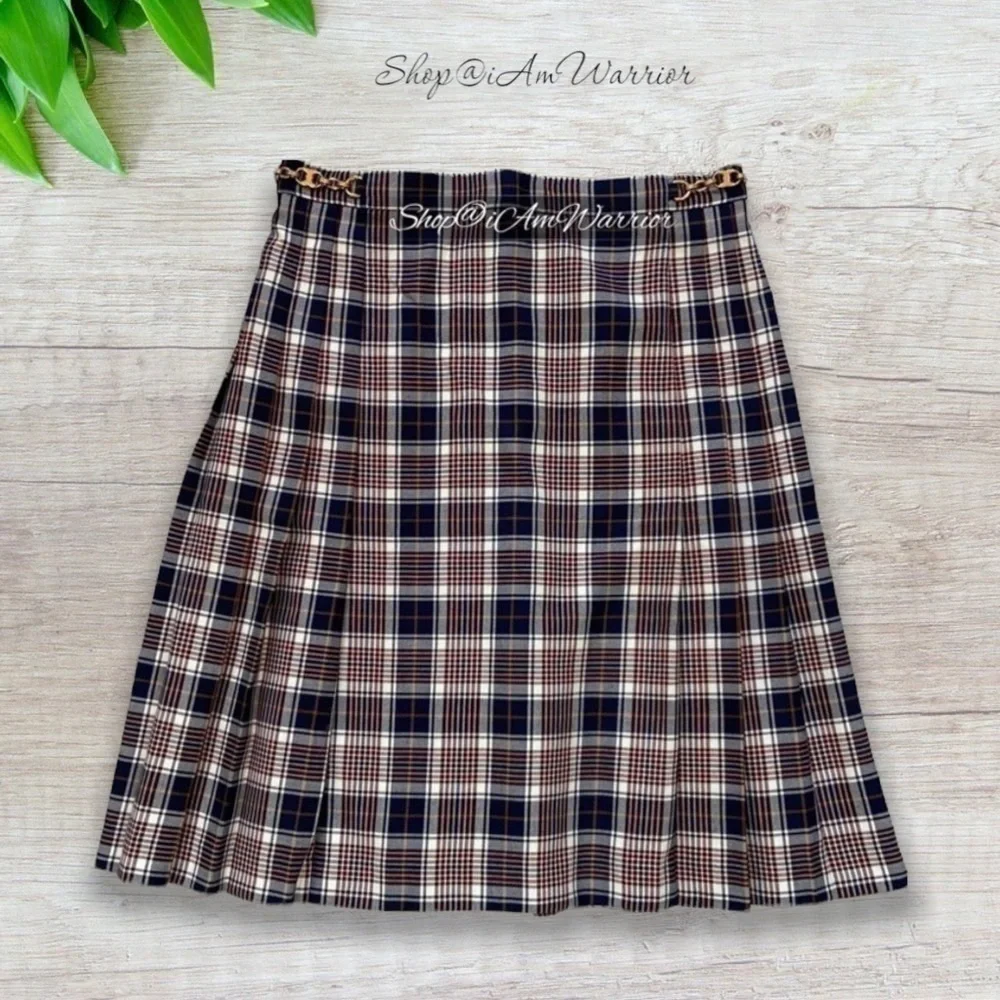 Tory Burch pleated navy, ivory & burgundy plaid skirt shop@iamwarrior
